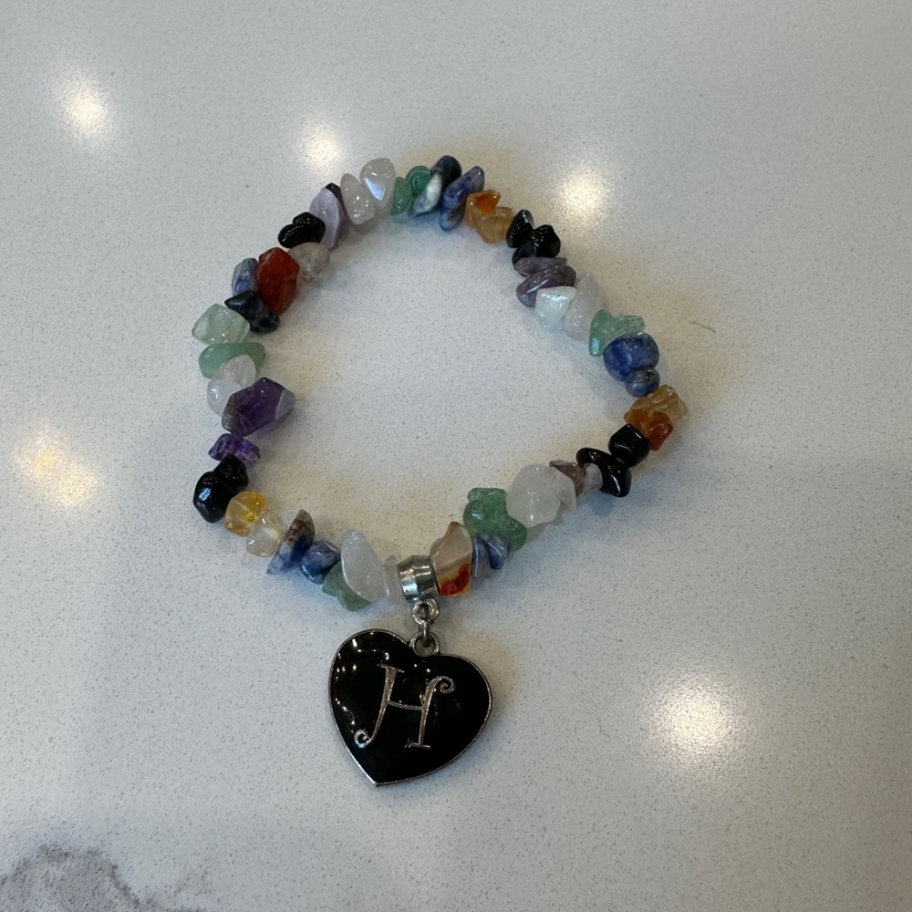 Beaded Stone H Initial Heart Pendant Charm Bracelet